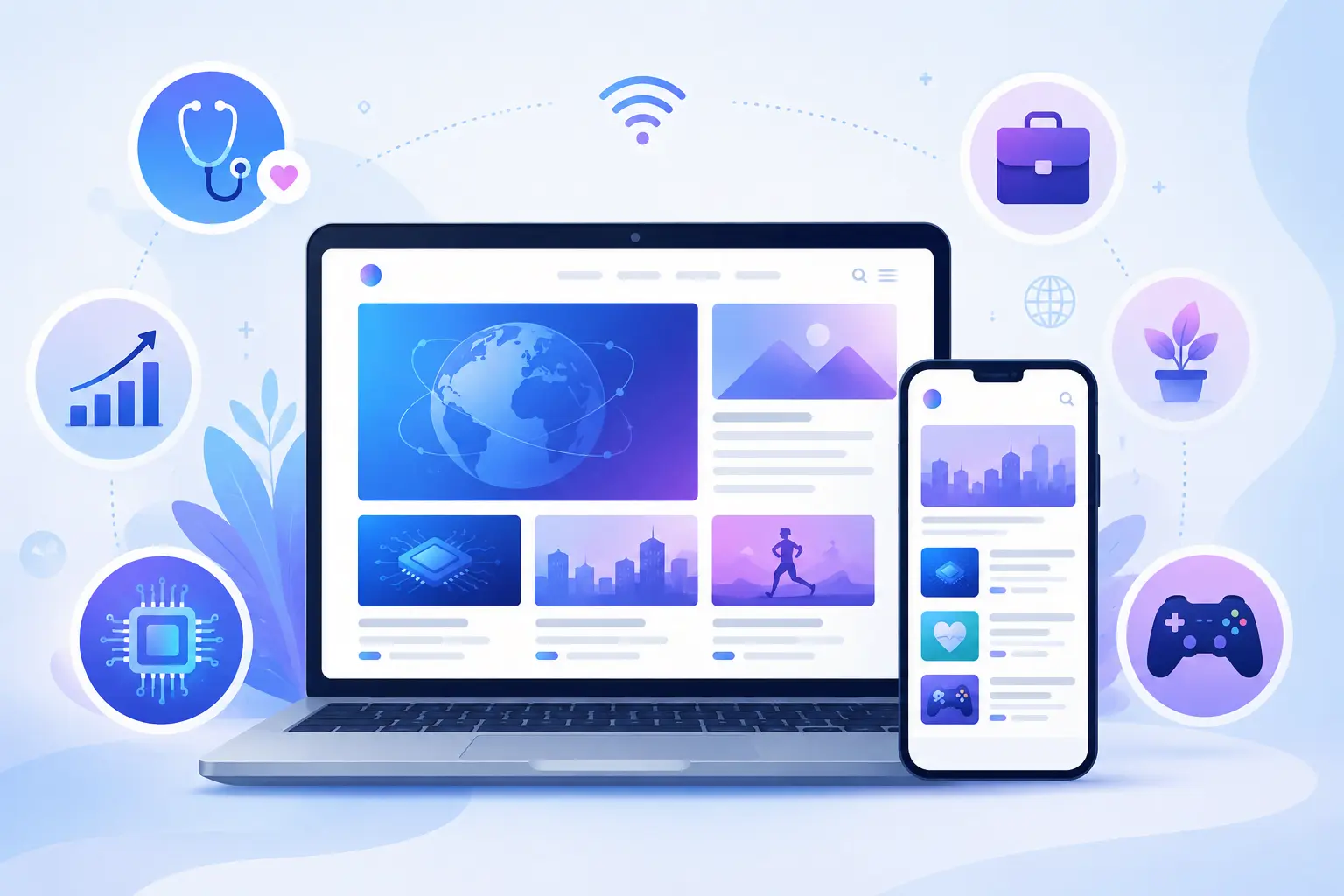 Digital news platform illustration with devices and content updates
